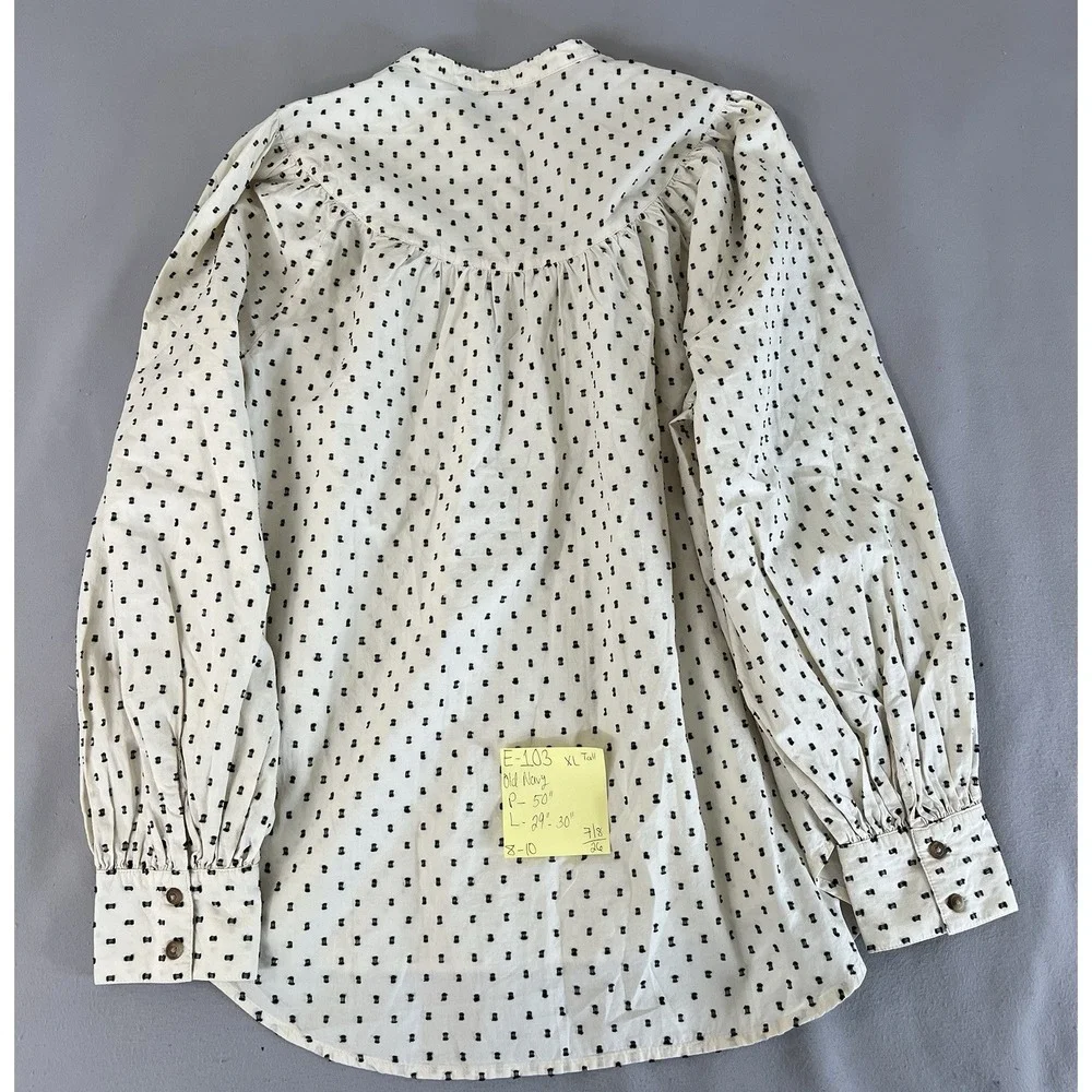 Old Navy Blouse Women's XL Tall Cream Black Swiss Dot Henley Long Sleeve Top